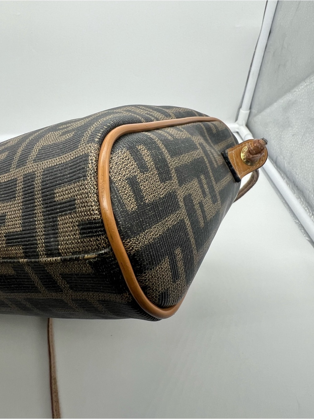 FENDI VINTAGE Zucca FF Monogram Coated Canvas Medium Tan Leather Trim Crossbody - Picture 10 of 17